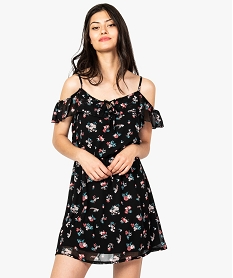 GEMO Robe fleurie à bretelles avec taille élastiquée marron fonce