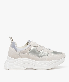 GEMO Baskets femme multi-matières avec semelle plateforme argente