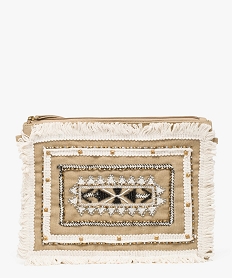 GEMO Sac pochette femme zippé en toile avec broderies perles Beige
