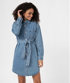 GEMO Robe femme en jean boutonnée sur l’avant avec ceinture Bleu